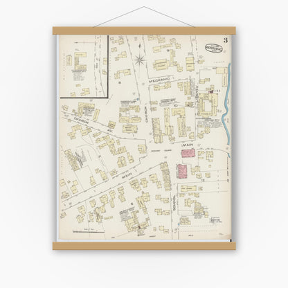 Old map wall art mockup — magnetic wood frame on white wall — Sanborn Fire Insurance Map from Merrimac, Essex County, Massachusetts (1885), Sheet #0003