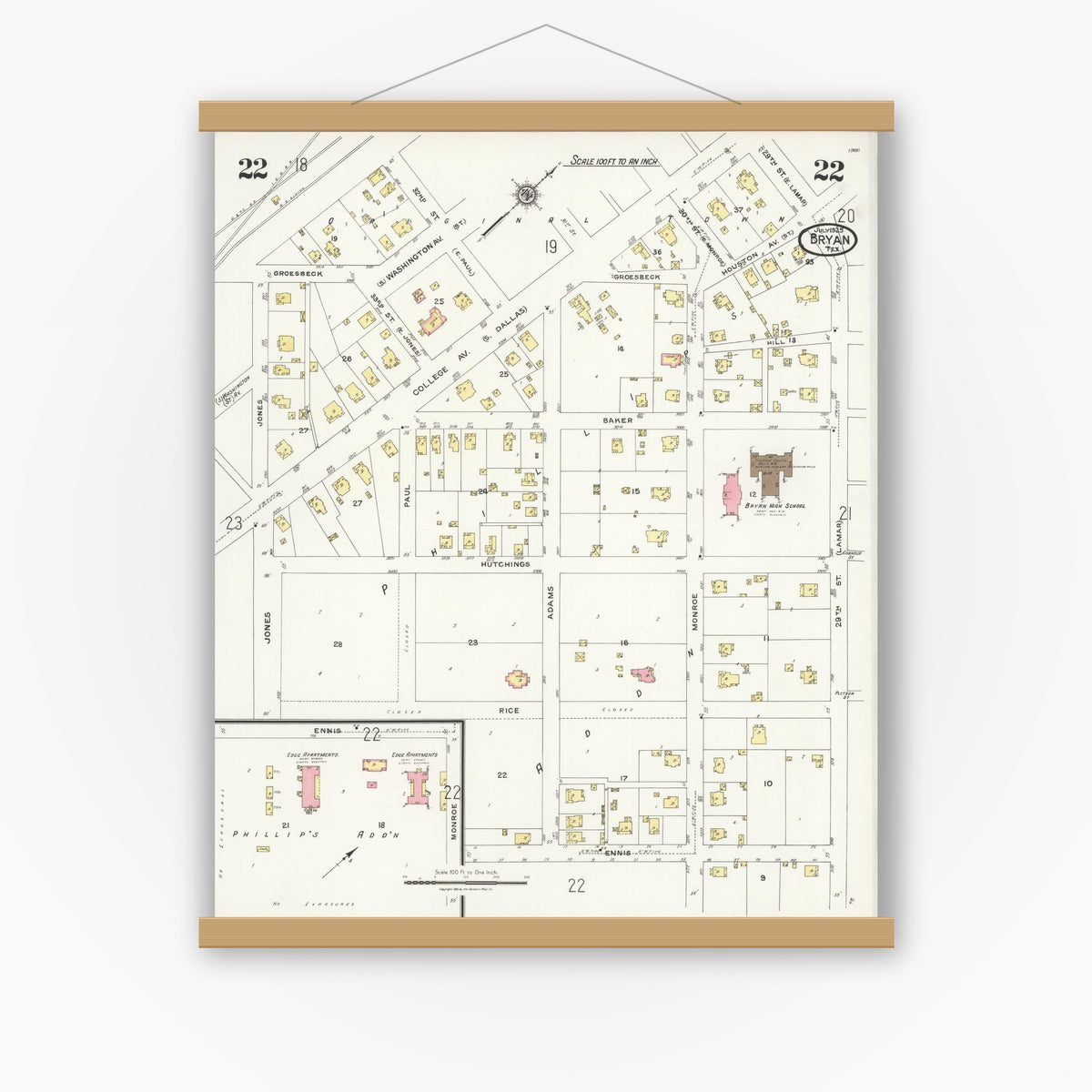 Old map wall art mockup — magnetic wood frame on white wall — Sanborn Fire Insurance Map from Bryan, Brazos County, Texas (1925), Sheet #0022