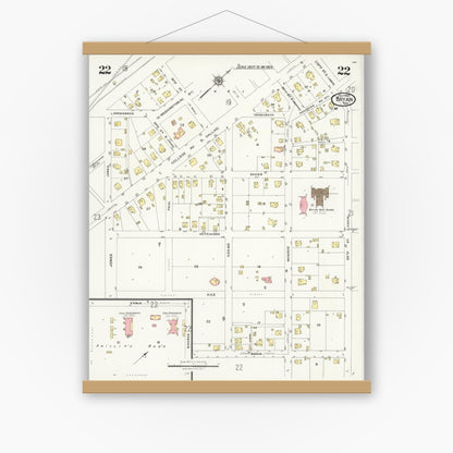 Old map wall art mockup — magnetic wood frame on white wall — Sanborn Fire Insurance Map from Bryan, Brazos County, Texas (1925), Sheet #0022