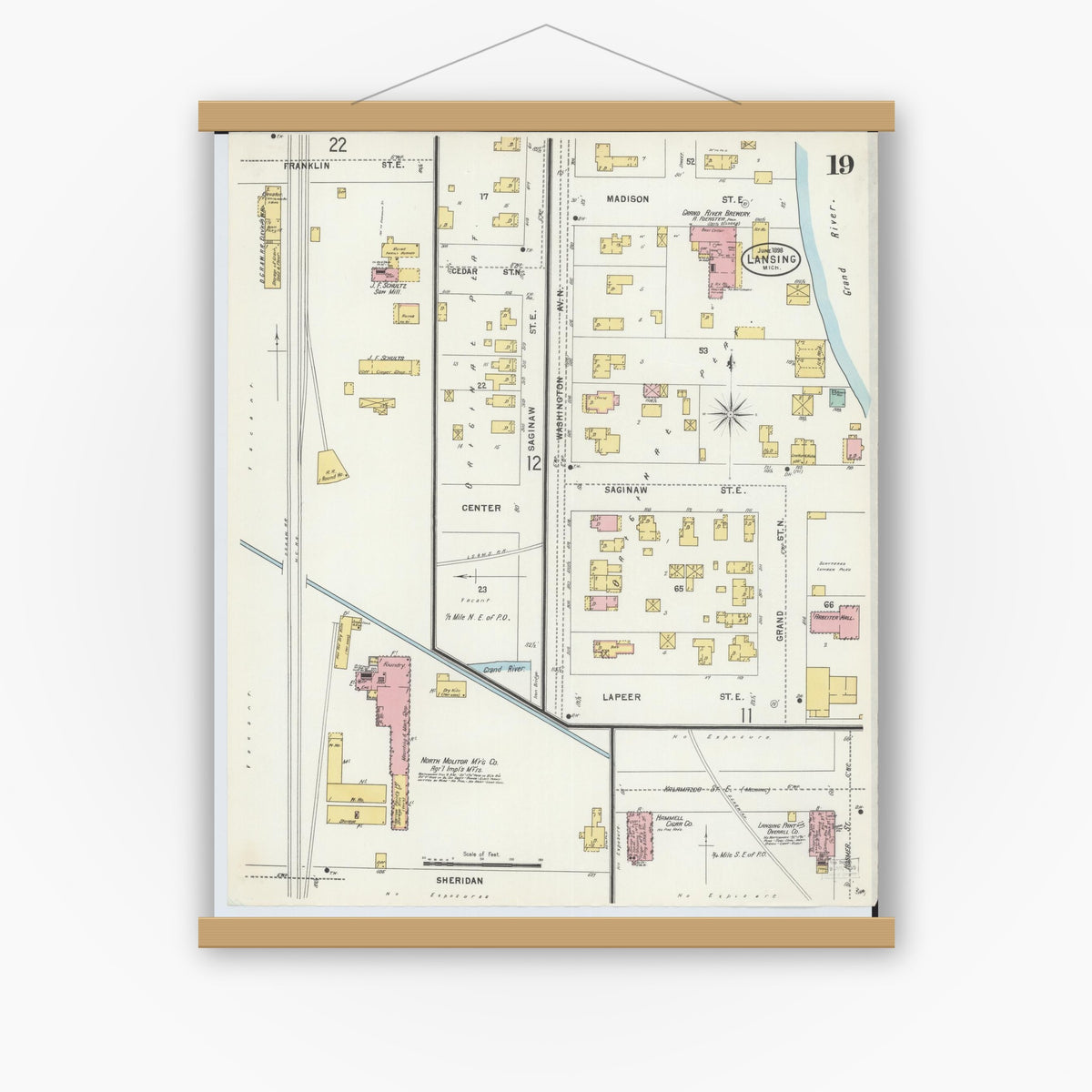 Old map wall art mockup — magnetic wood frame on white wall — Sanborn Fire Insurance Map from Lansing, Ingham County, Michigan (1898), Sheet #0019