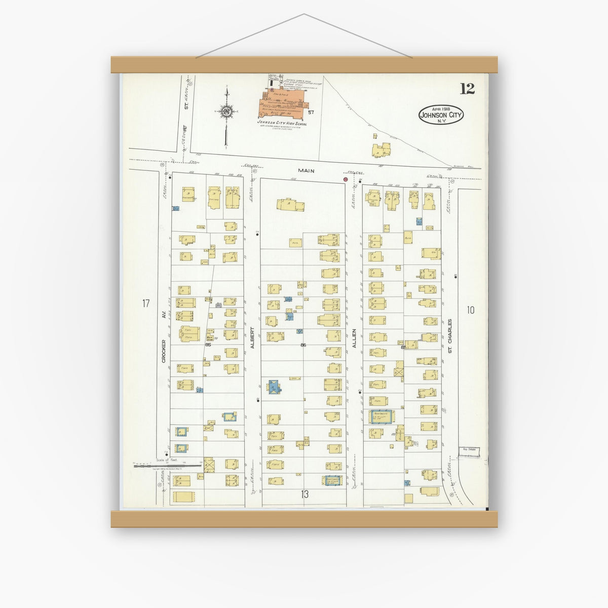 Old map wall art mockup — magnetic wood frame on white wall — Sanborn Fire Insurance Map from Johnson City, Broome County, New York (1918), Sheet #0012