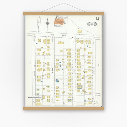 Old map wall art mockup — magnetic wood frame on white wall — Sanborn Fire Insurance Map from Johnson City, Broome County, New York (1918), Sheet #0012