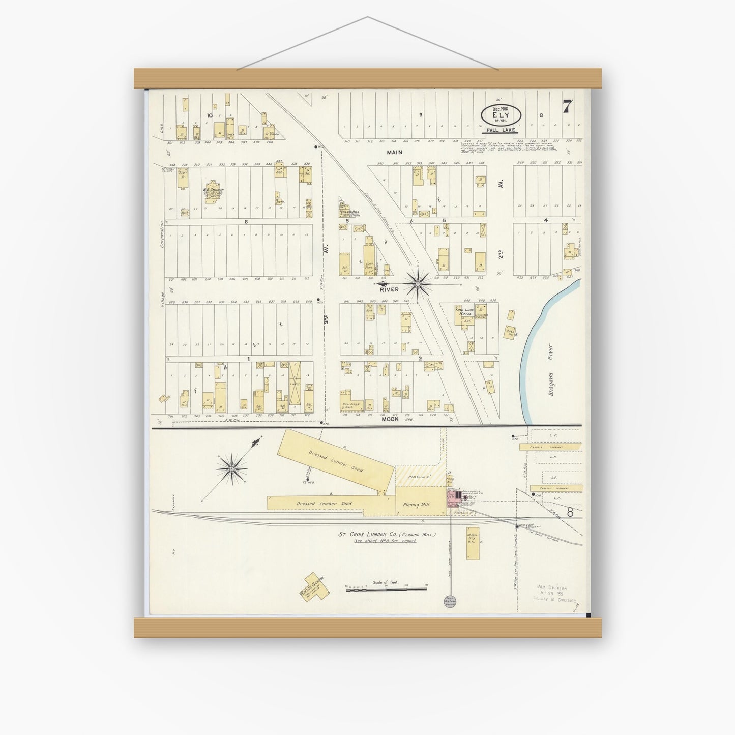 Old map wall art mockup — magnetic wood frame on white wall — Sanborn Fire Insurance Map from Ely, Saint Louis County, Minnesota (1906), Sheet #0007