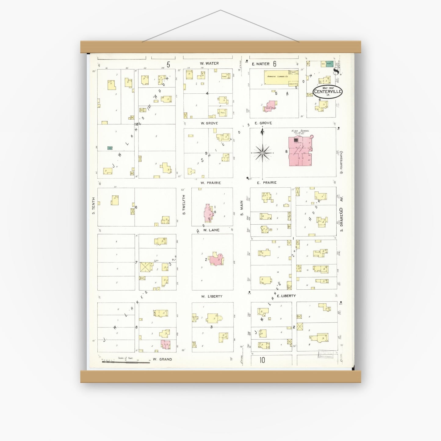 Old map wall art mockup — magnetic wood frame on white wall — Sanborn Fire Insurance Map from Centerville, Appanoose County, Iowa (1907), Sheet #0008
