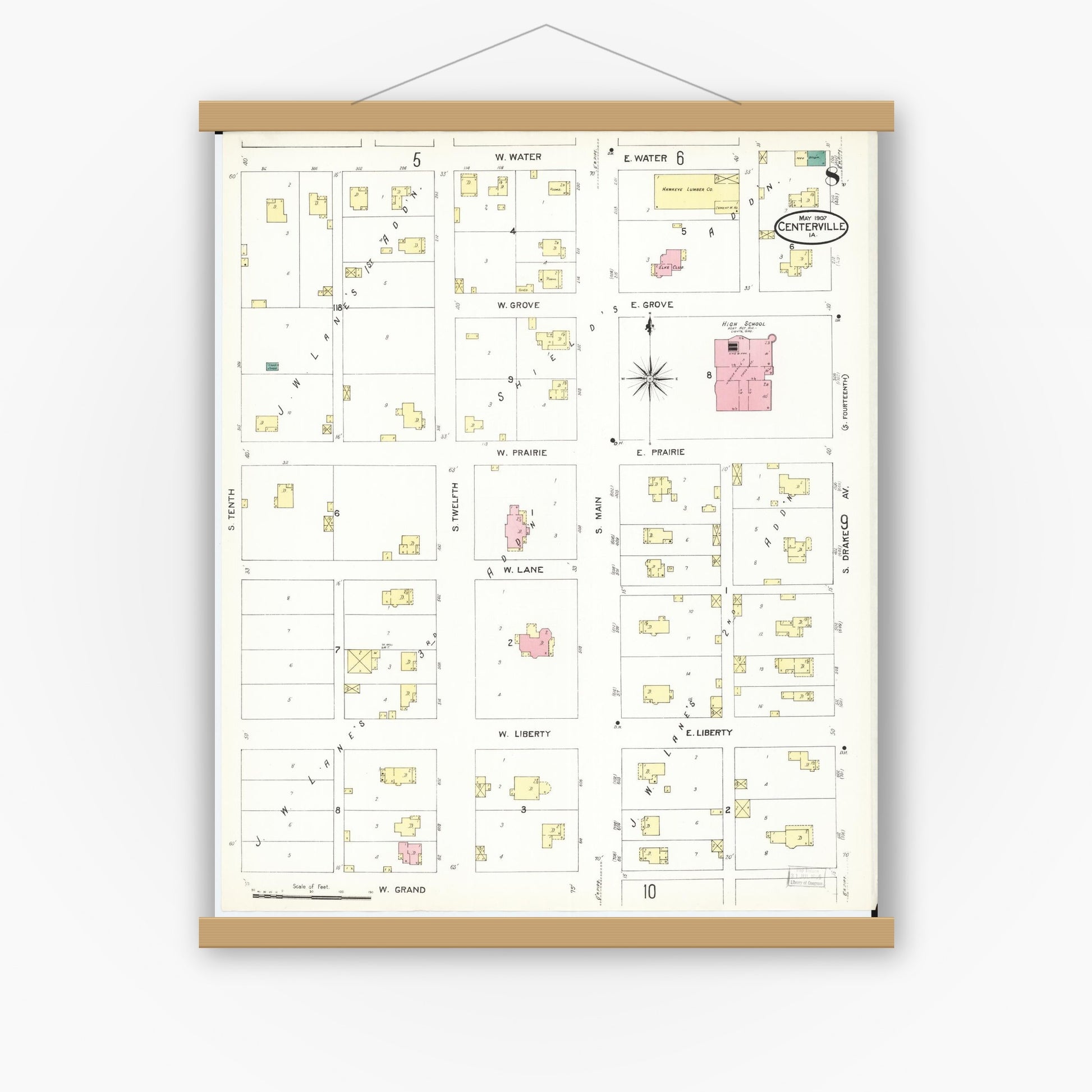 Old map wall art mockup — magnetic wood frame on white wall — Sanborn Fire Insurance Map from Centerville, Appanoose County, Iowa (1907), Sheet #0008