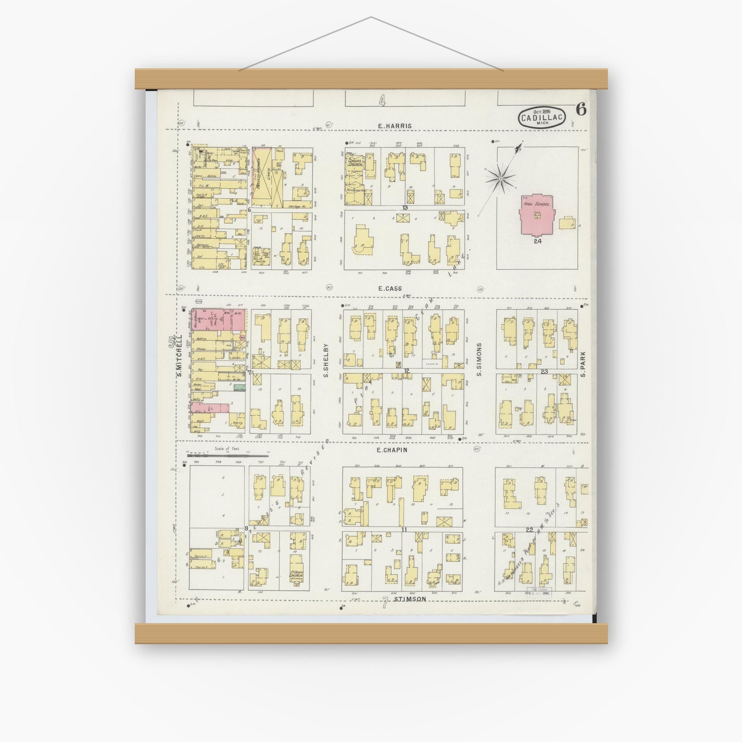Old map wall art mockup — magnetic wood frame on white wall — Sanborn Fire Insurance Map from Cadillac, Wexford County, Michigan (1895), Sheet #0006