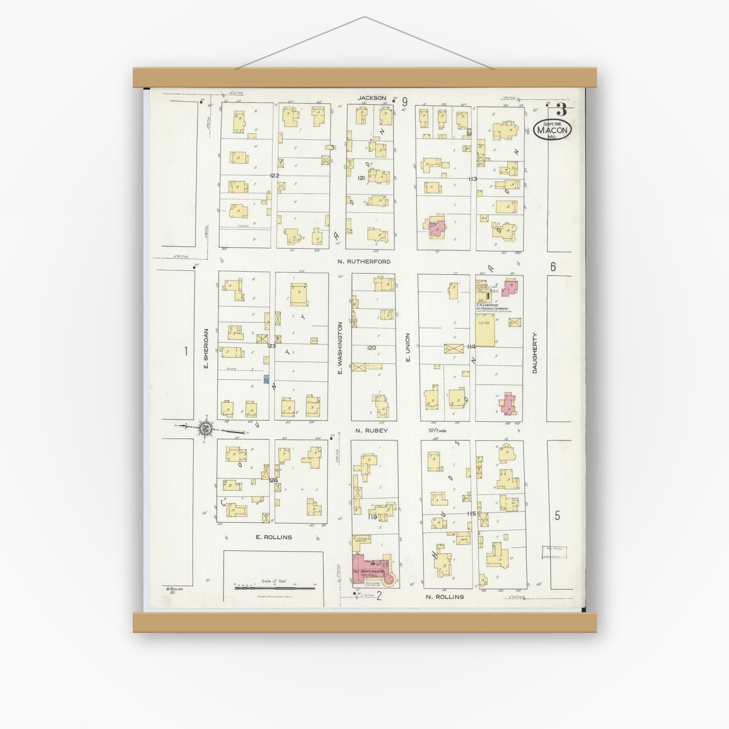 Old map wall art mockup — magnetic wood frame on white wall — Sanborn Fire Insurance Map from Macon, Macon County, Missouri (1916), Sheet #0003