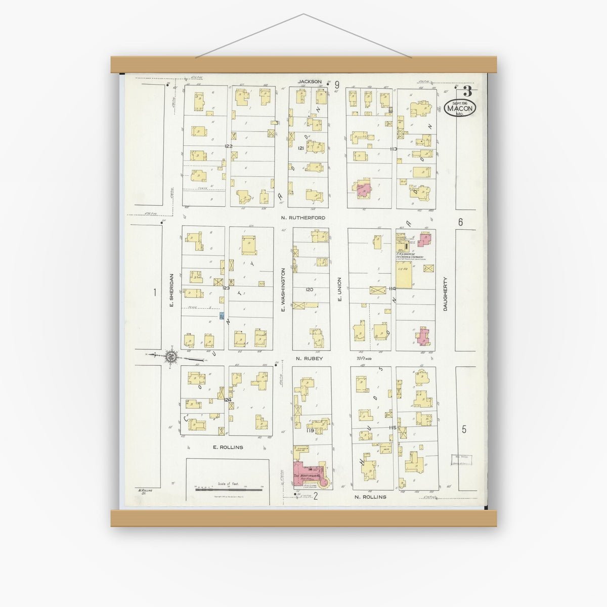 Old map wall art mockup — magnetic wood frame on white wall — Sanborn Fire Insurance Map from Macon, Macon County, Missouri (1916), Sheet #0003