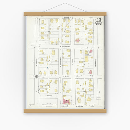 Old map wall art mockup — magnetic wood frame on white wall — Sanborn Fire Insurance Map from Macon, Macon County, Missouri (1916), Sheet #0003