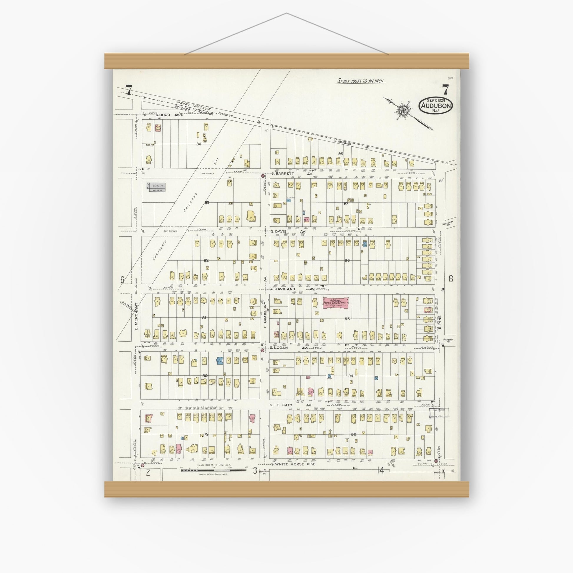Old map wall art mockup — magnetic wood frame on white wall — Sanborn Fire Insurance Map from Audubon, Camden County, New Jersey (1924), Sheet #0007