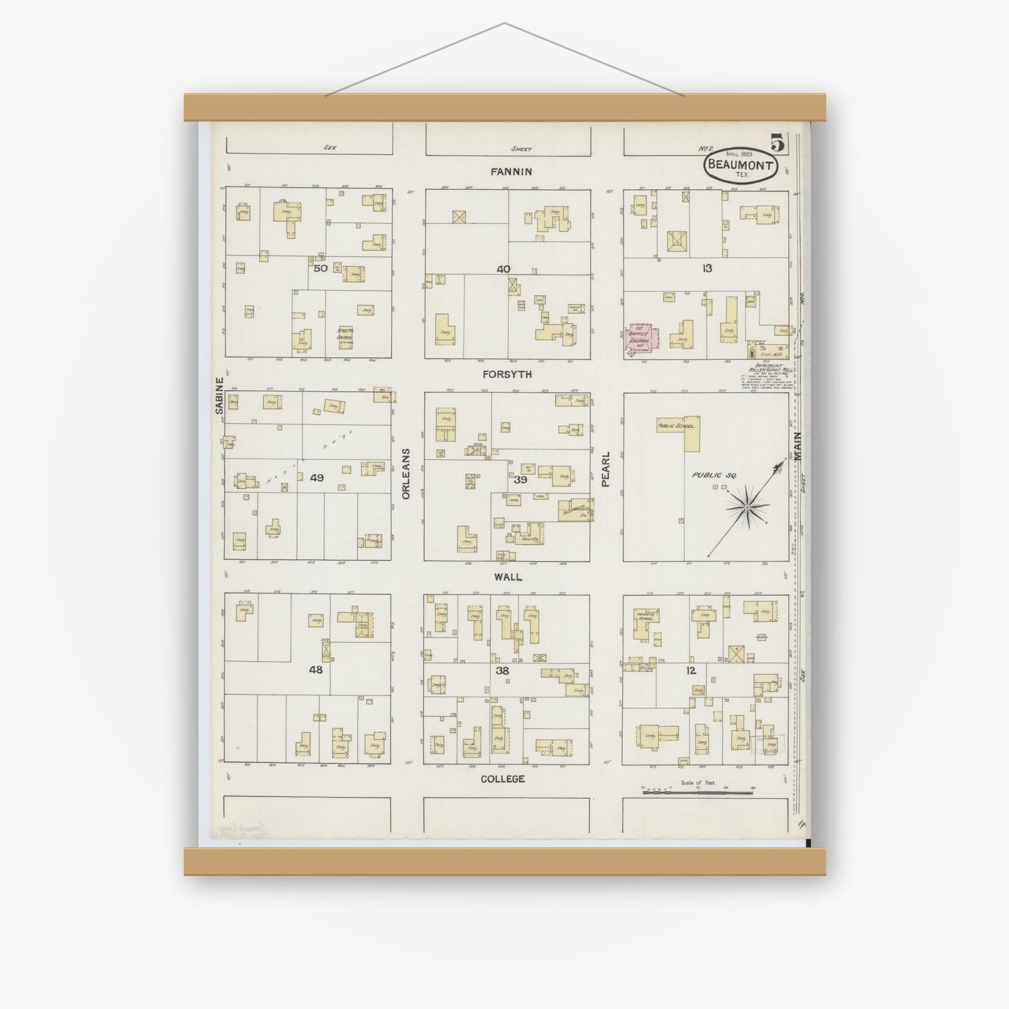 Old map wall art mockup — magnetic wood frame on white wall — Sanborn Fire Insurance Map from Beaumont, Jefferson County, Texas (1889), Sheet #0005