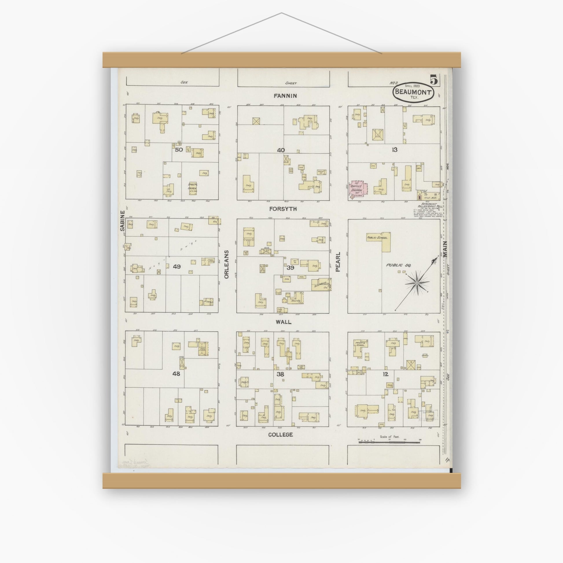 Old map wall art mockup — magnetic wood frame on white wall — Sanborn Fire Insurance Map from Beaumont, Jefferson County, Texas (1889), Sheet #0005
