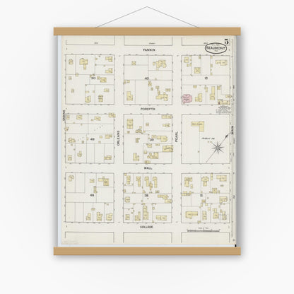 Old map wall art mockup — magnetic wood frame on white wall — Sanborn Fire Insurance Map from Beaumont, Jefferson County, Texas (1889), Sheet #0005