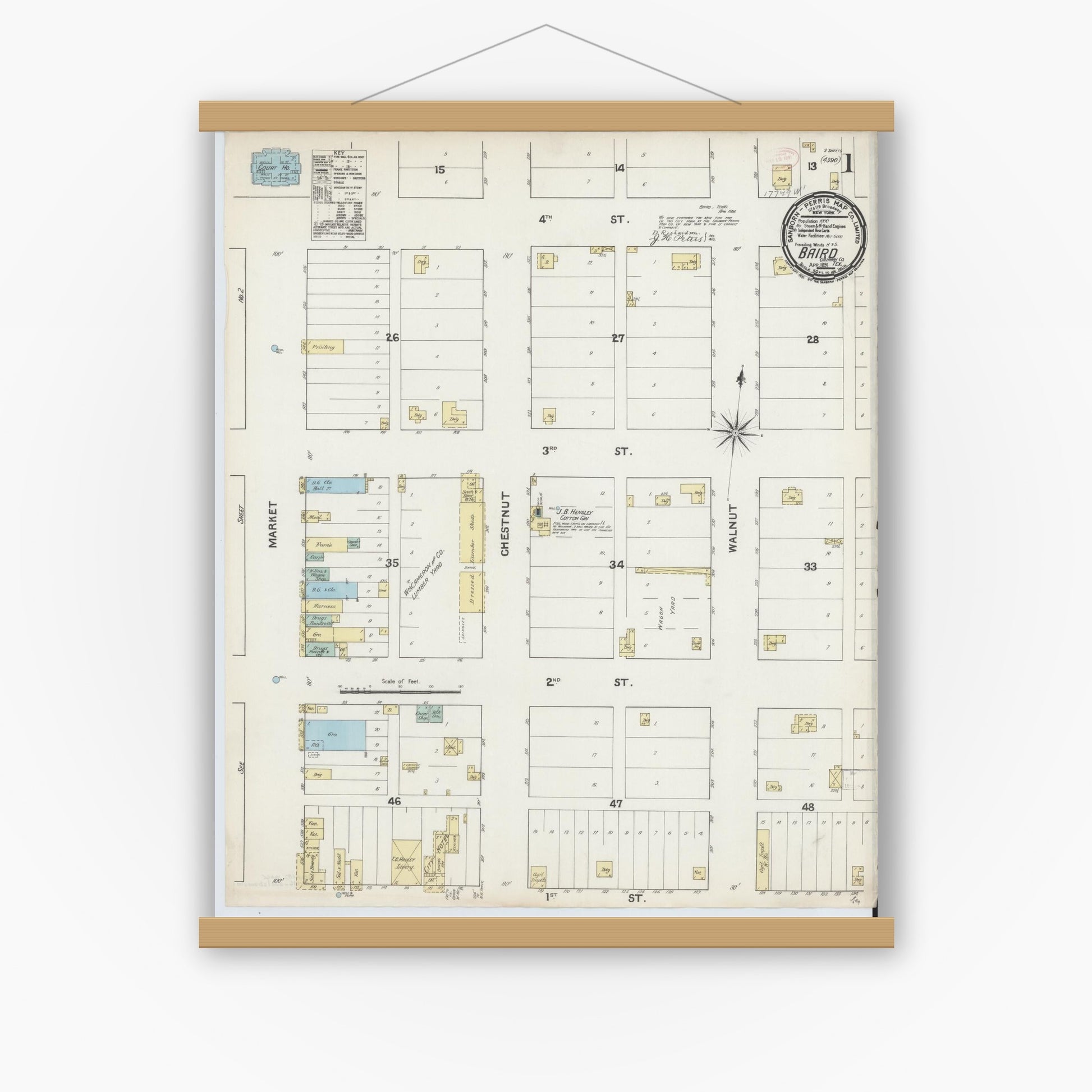 Old map wall art mockup — magnetic wood frame on white wall — Sanborn Fire Insurance Map from Baird, Callahan County, Texas (1891), Sheet #0001
