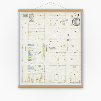 Old map wall art mockup — magnetic wood frame on white wall — Sanborn Fire Insurance Map from Baird, Callahan County, Texas (1891), Sheet #0001