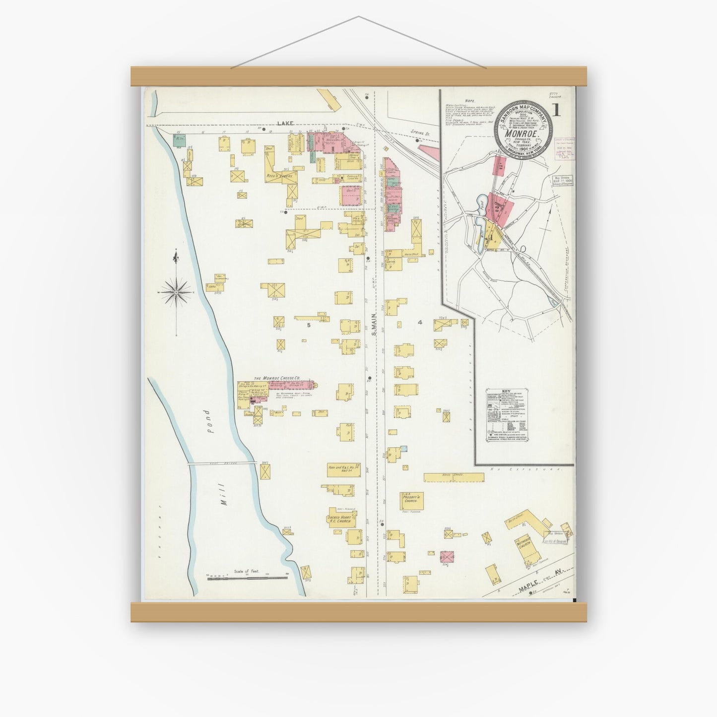 Old map wall art mockup — magnetic wood frame on white wall — Sanborn Fire Insurance Map from Monroe, Orange County, New York (1904) - Complete Map Set