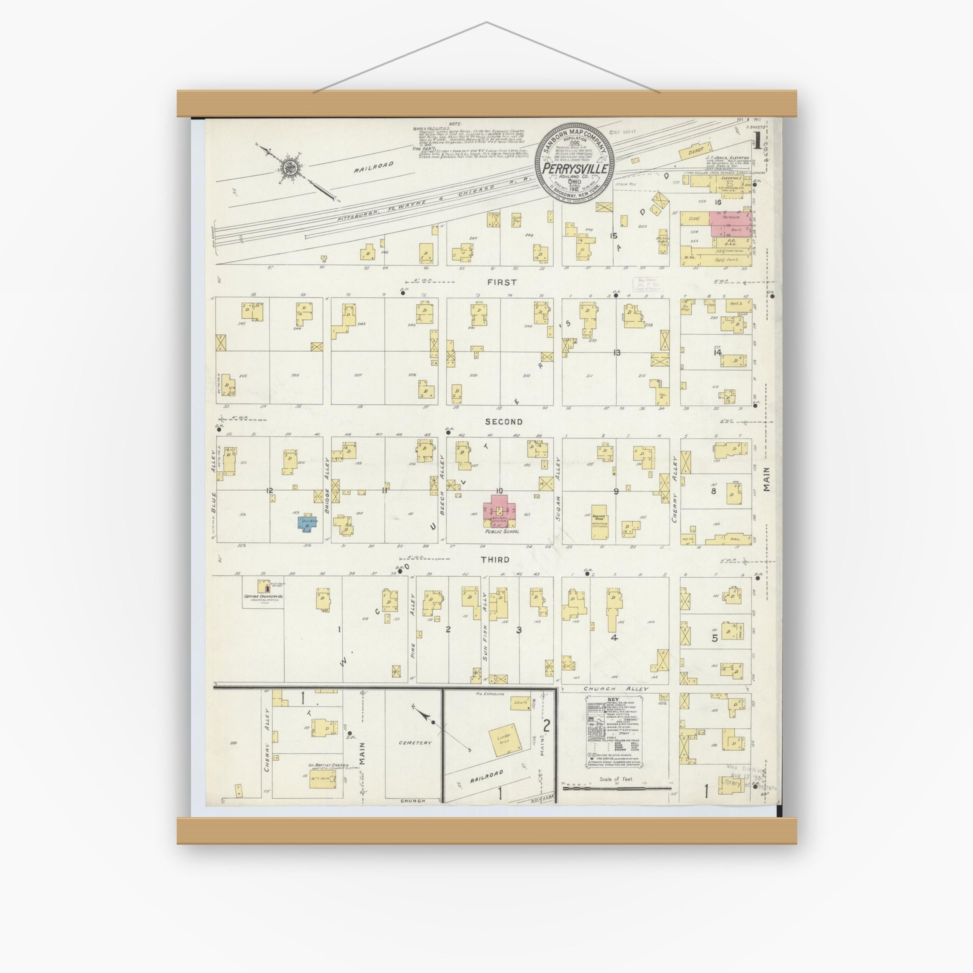Old map wall art mockup — magnetic wood frame on white wall — Sanborn Fire Insurance Map from Perrysville, Ashland County, Ohio (1912), Sheet #0001