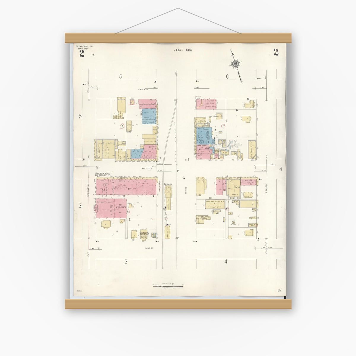 Old map wall art mockup — magnetic wood frame on white wall — Sanborn Fire Insurance Map from Cleveland, Liberty County, Texas (1939), Sheet #0002