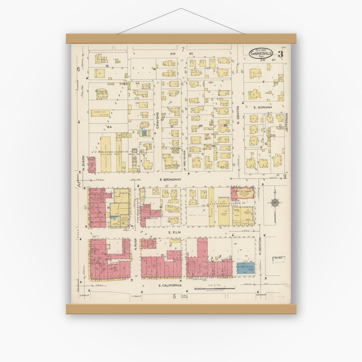 Old map wall art mockup — magnetic wood frame on white wall — Sanborn Fire Insurance Map from Gainesville, Cooke County, Texas (1922), Sheet #0003