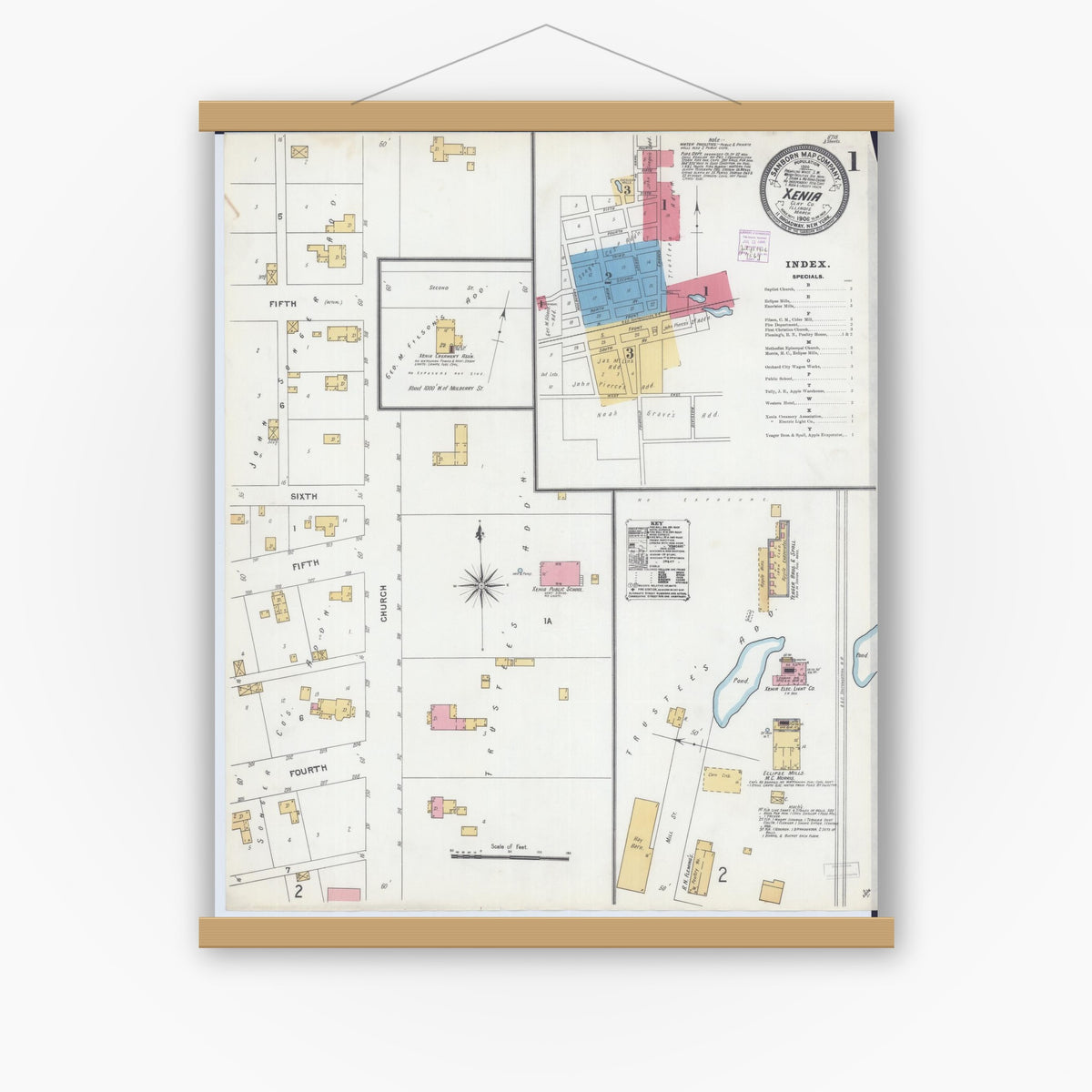 Old map wall art mockup — magnetic wood frame on white wall — Sanborn Fire Insurance Map from Xenia, Clay County, Illinois (1906), Sheet #0001