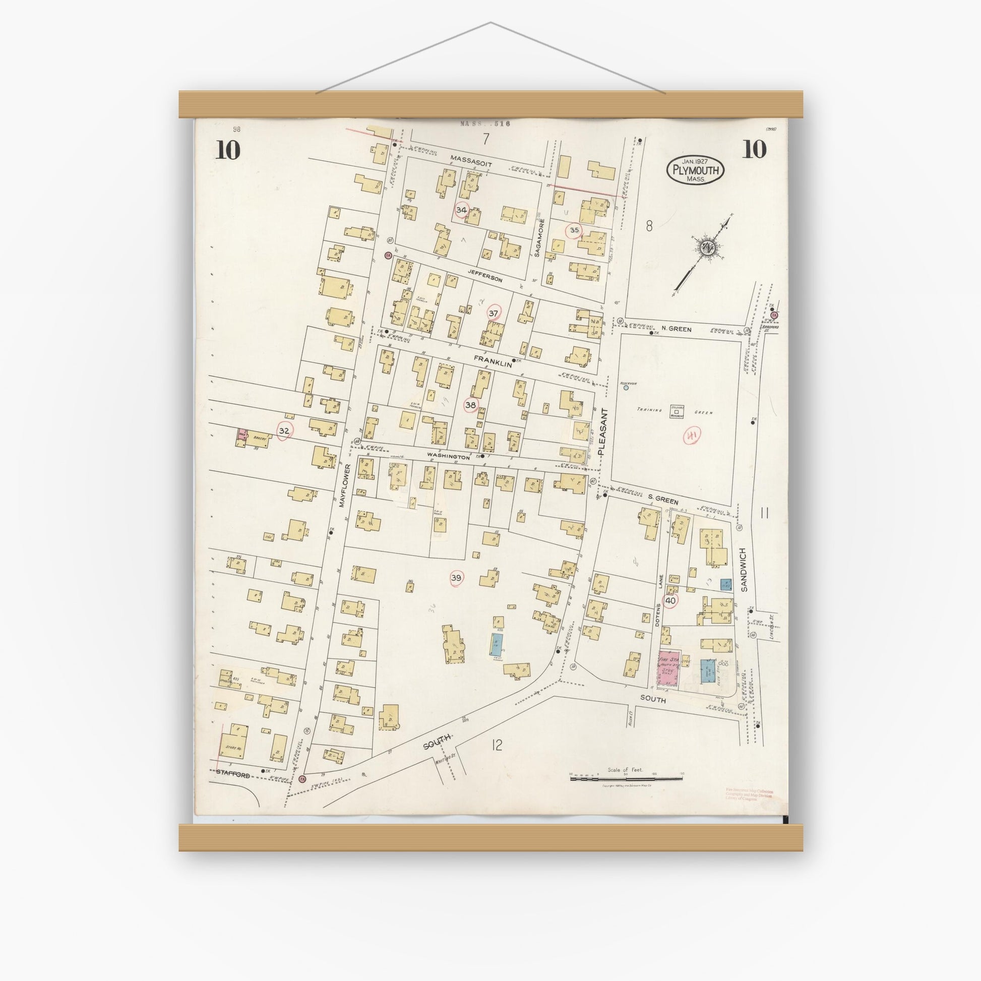 Old map wall art mockup — magnetic wood frame on white wall — Sanborn Fire Insurance Map from Plymouth, Plymouth County, Massachusetts (1948), Sheet #0010