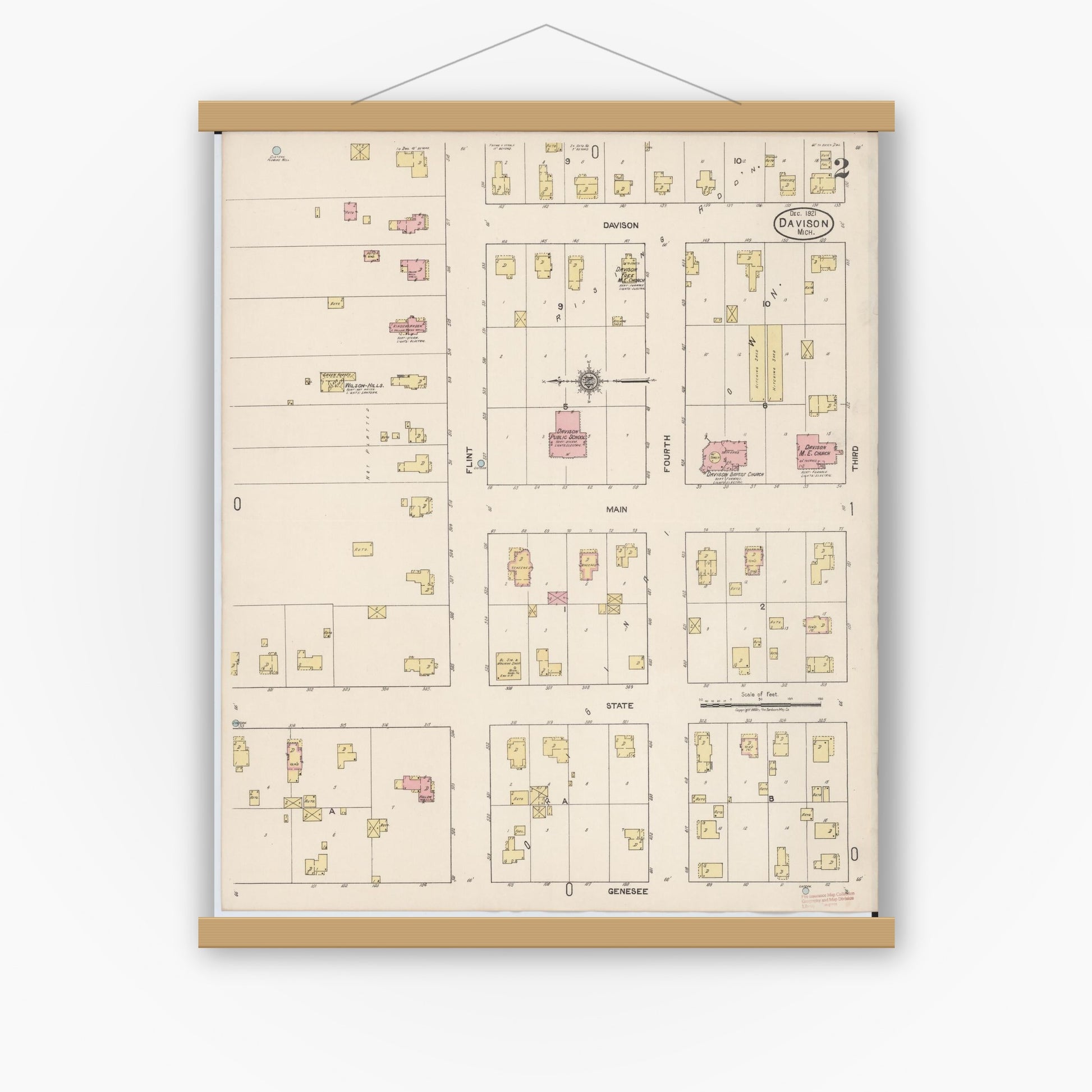 Old map wall art mockup — magnetic wood frame on white wall — Sanborn Fire Insurance Map from Davison, Genesee County, Michigan (1921), Sheet #0002