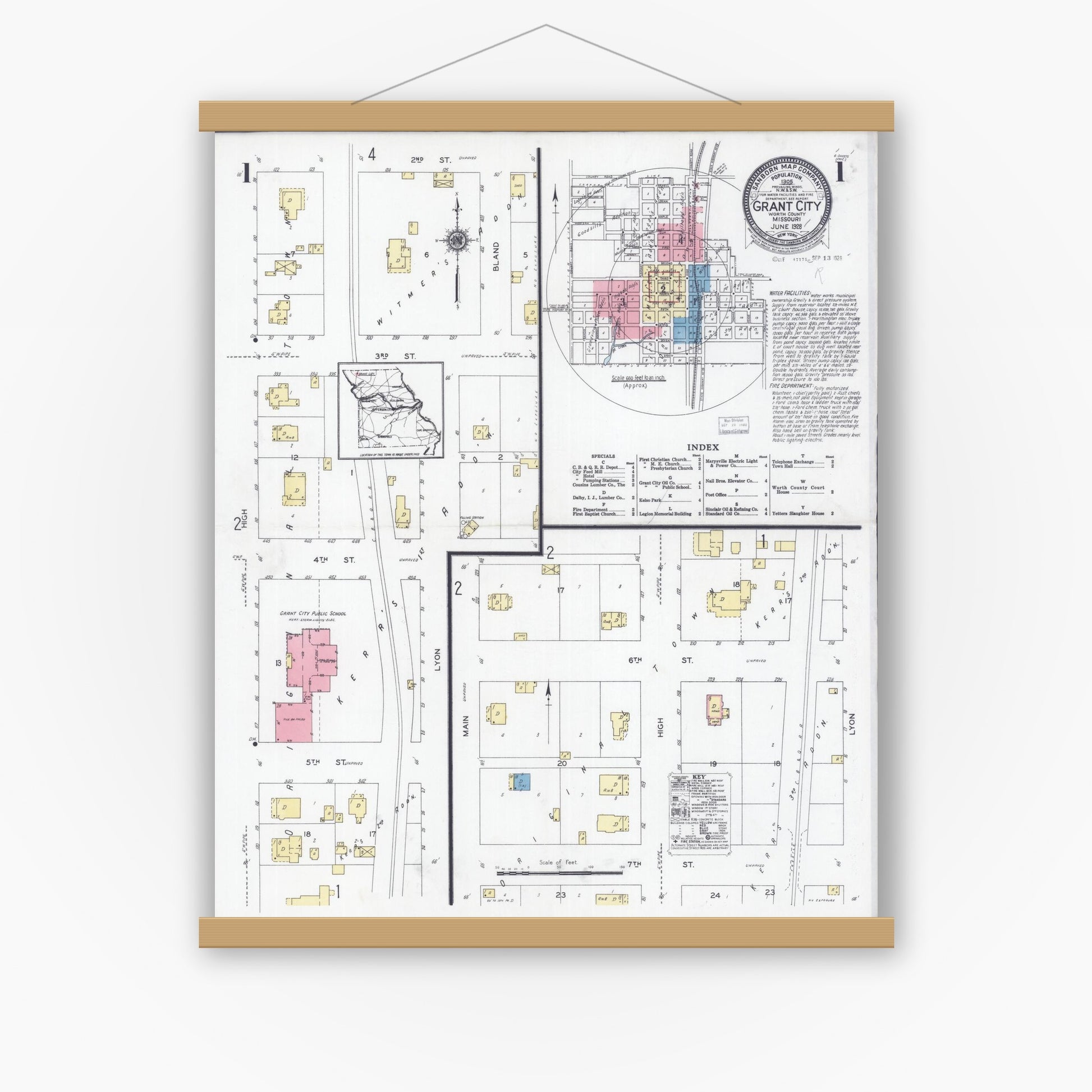 Old map wall art mockup — magnetic wood frame on white wall — Sanborn Fire Insurance Map from Grant City, Worth County, Missouri (1928), Sheet #0001