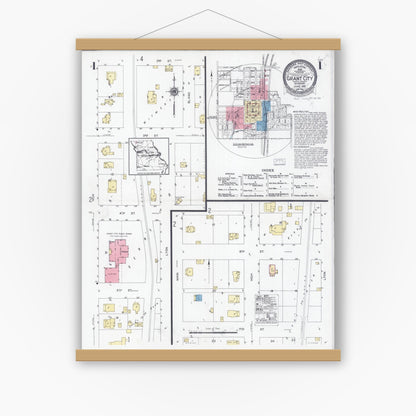 Old map wall art mockup — magnetic wood frame on white wall — Sanborn Fire Insurance Map from Grant City, Worth County, Missouri (1928), Sheet #0001