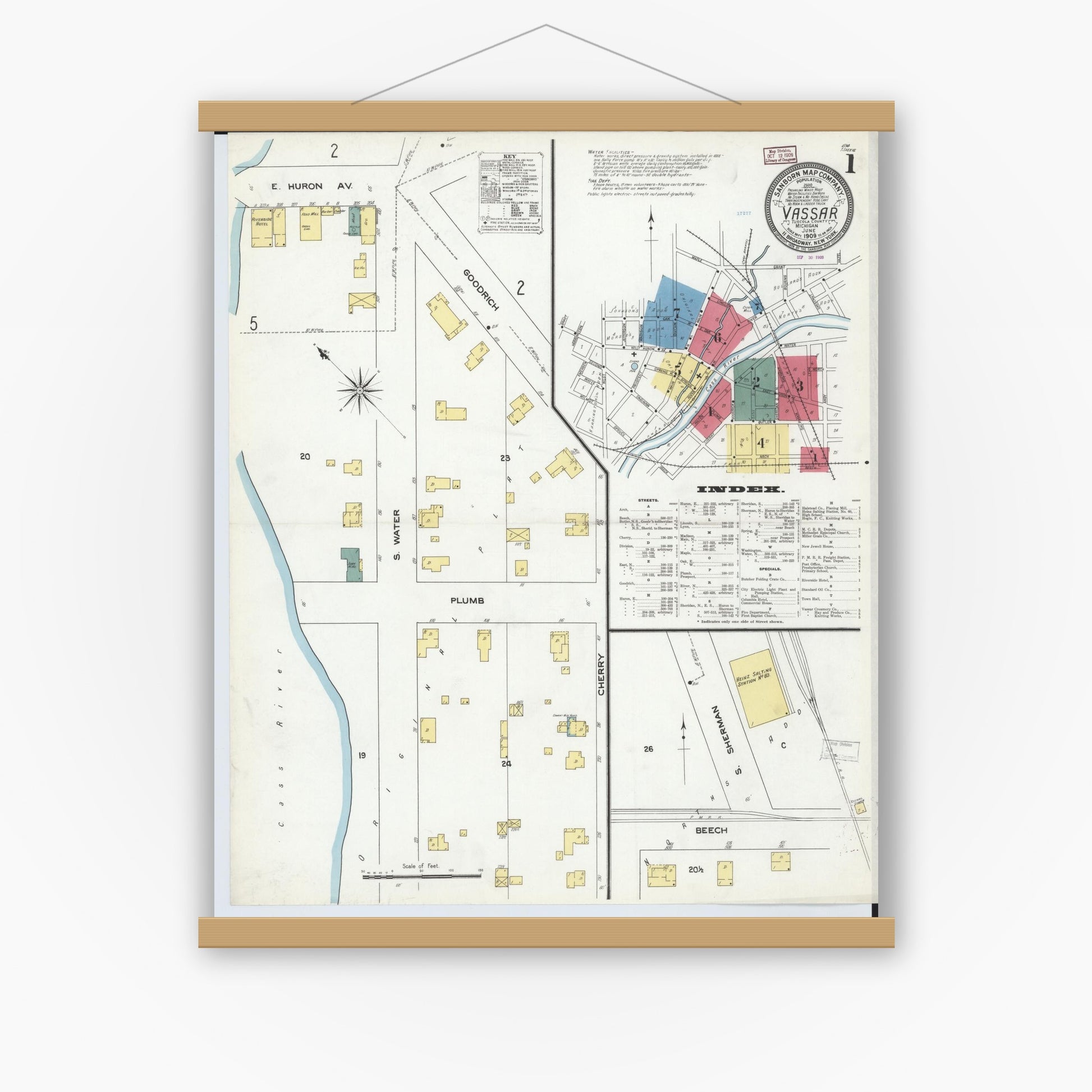 Old map wall art mockup — magnetic wood frame on white wall — Sanborn Fire Insurance Map from Vassar, Tuscola County, Michigan (1909), Sheet #0001
