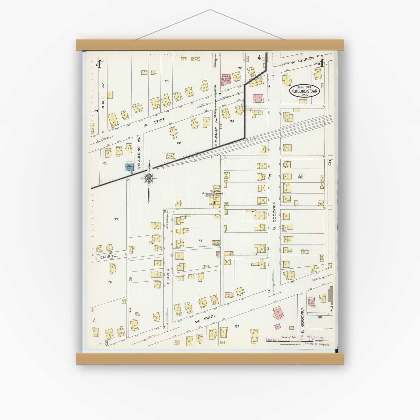 Old map wall art mockup — magnetic wood frame on white wall — Sanborn Fire Insurance Map from Newcomerstown, Tuscarawas County, Ohio (1924), Sheet #0004