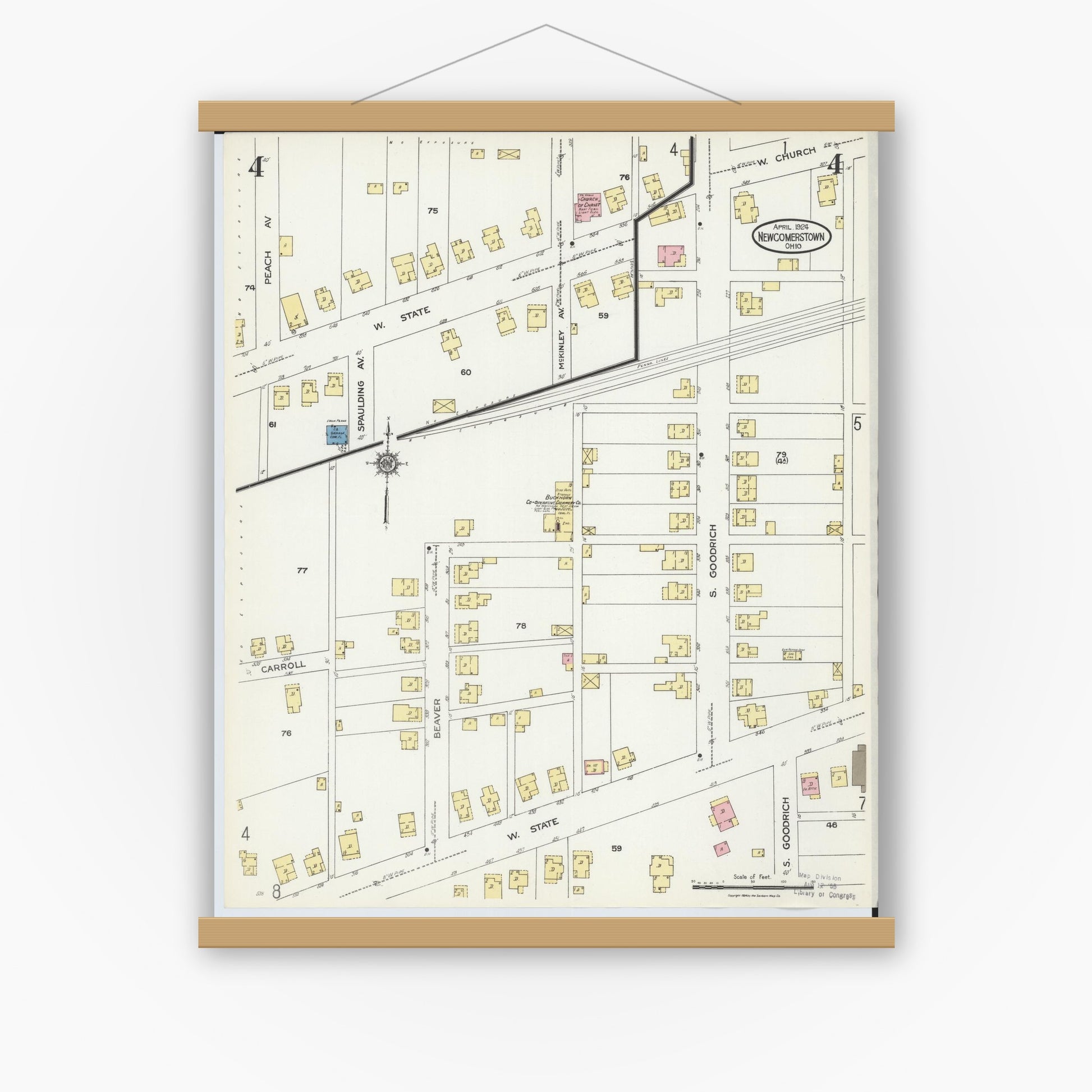 Old map wall art mockup — magnetic wood frame on white wall — Sanborn Fire Insurance Map from Newcomerstown, Tuscarawas County, Ohio (1924), Sheet #0004