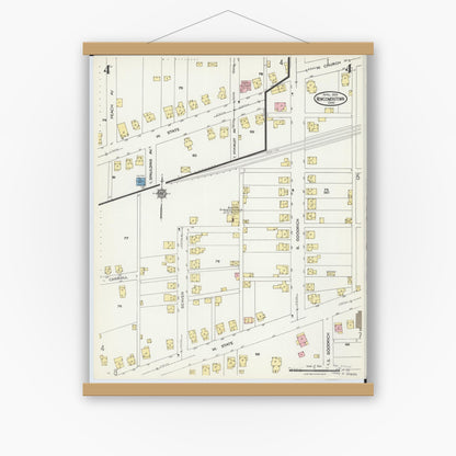 Old map wall art mockup — magnetic wood frame on white wall — Sanborn Fire Insurance Map from Newcomerstown, Tuscarawas County, Ohio (1924), Sheet #0004