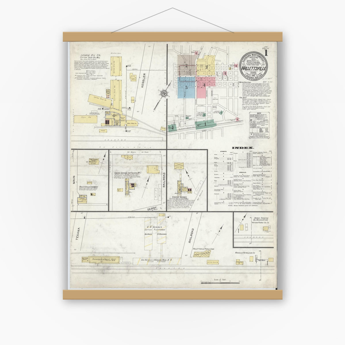 Old map wall art mockup — magnetic wood frame on white wall — Sanborn Fire Insurance Map from Hallettsville, Lavaca County, Texas (1912) - Complete Map Set