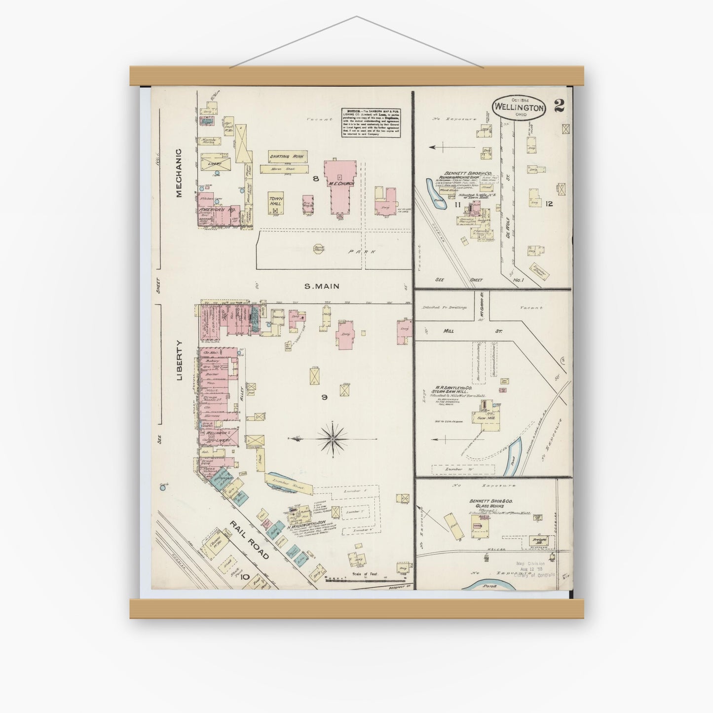 Old map wall art mockup — magnetic wood frame on white wall — Sanborn Fire Insurance Map from Wellington, Lorain County, Ohio (1884), Sheet #0002