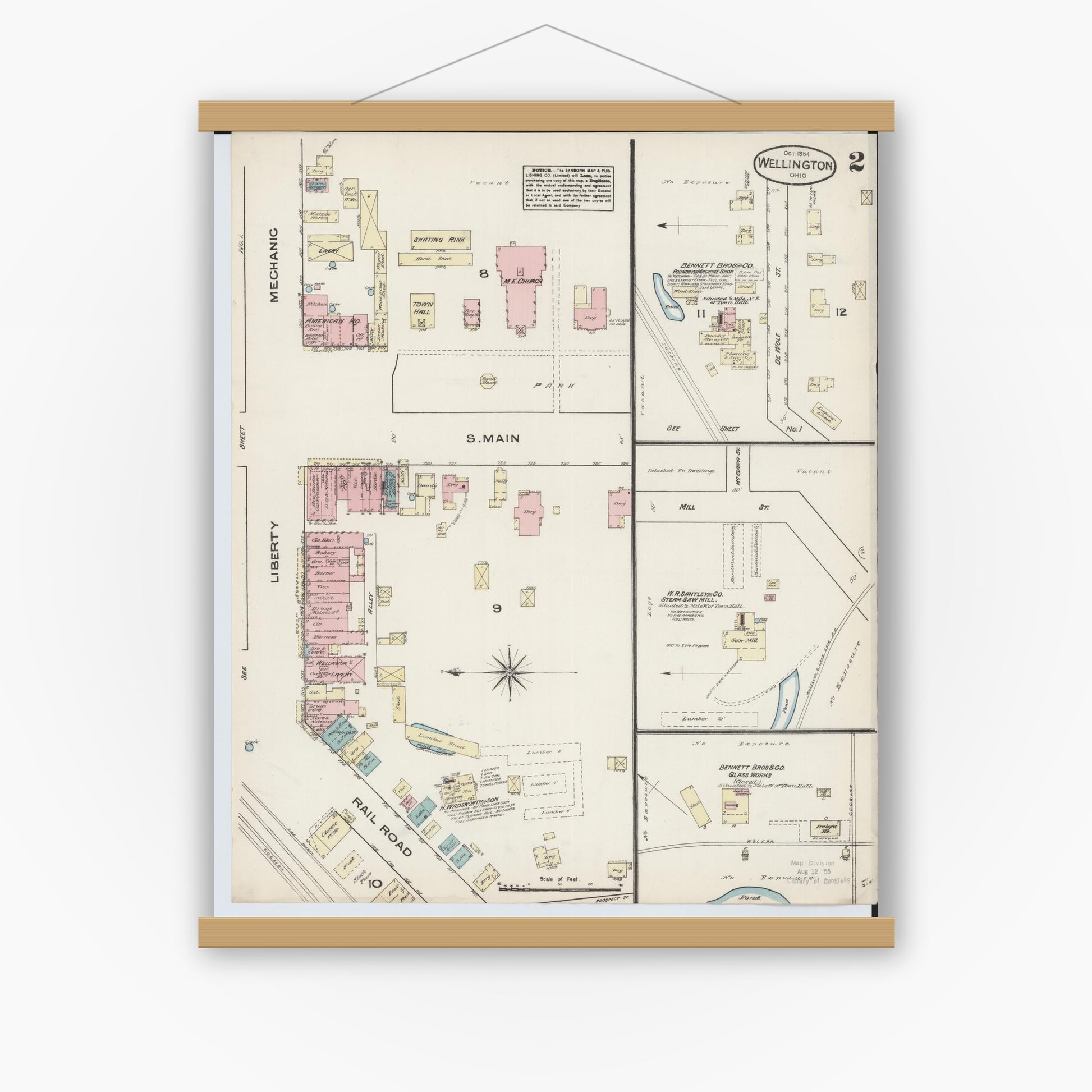 Old map wall art mockup — magnetic wood frame on white wall — Sanborn Fire Insurance Map from Wellington, Lorain County, Ohio (1884), Sheet #0002