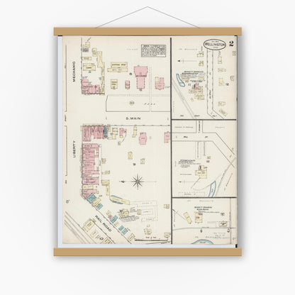 Old map wall art mockup — magnetic wood frame on white wall — Sanborn Fire Insurance Map from Wellington, Lorain County, Ohio (1884), Sheet #0002