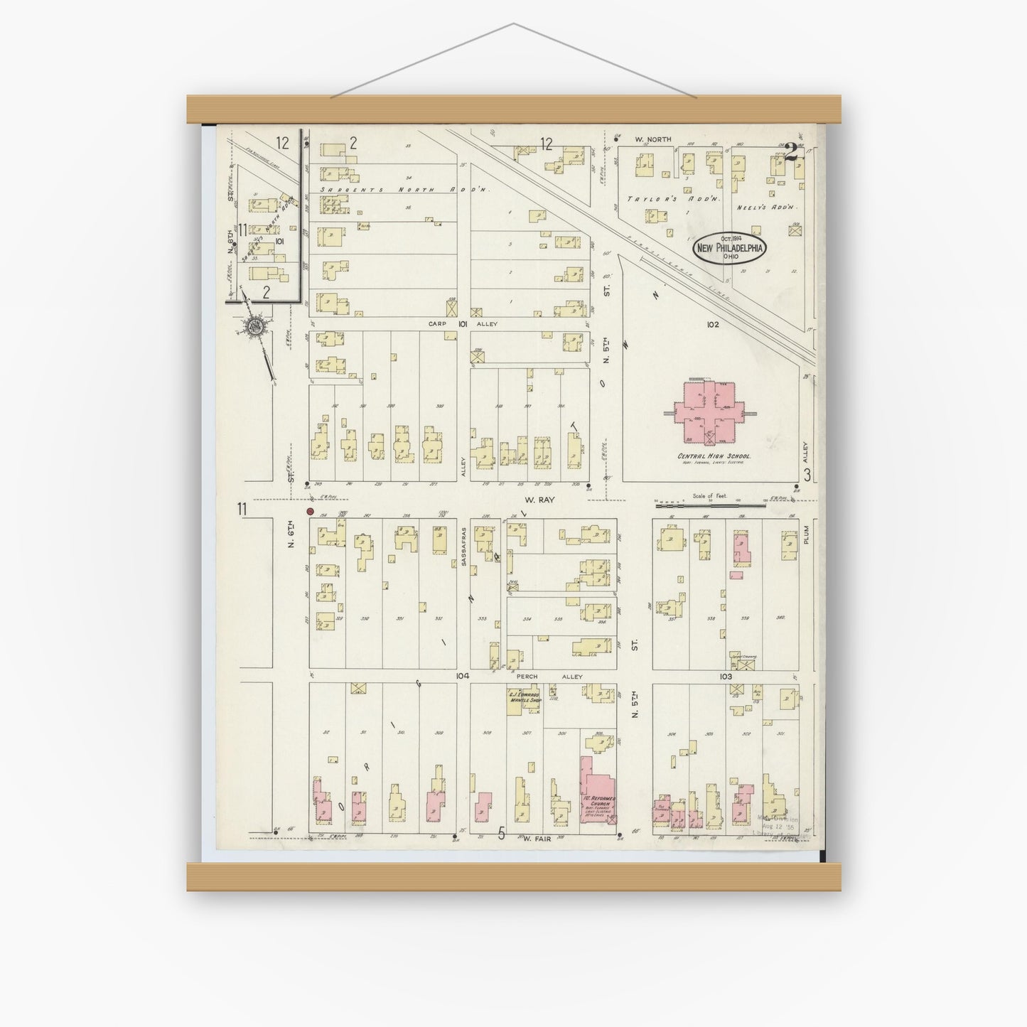Old map wall art mockup — magnetic wood frame on white wall — Sanborn Fire Insurance Map from New Philadelphia, Tuscarawas County, Ohio (1914), Sheet #0002