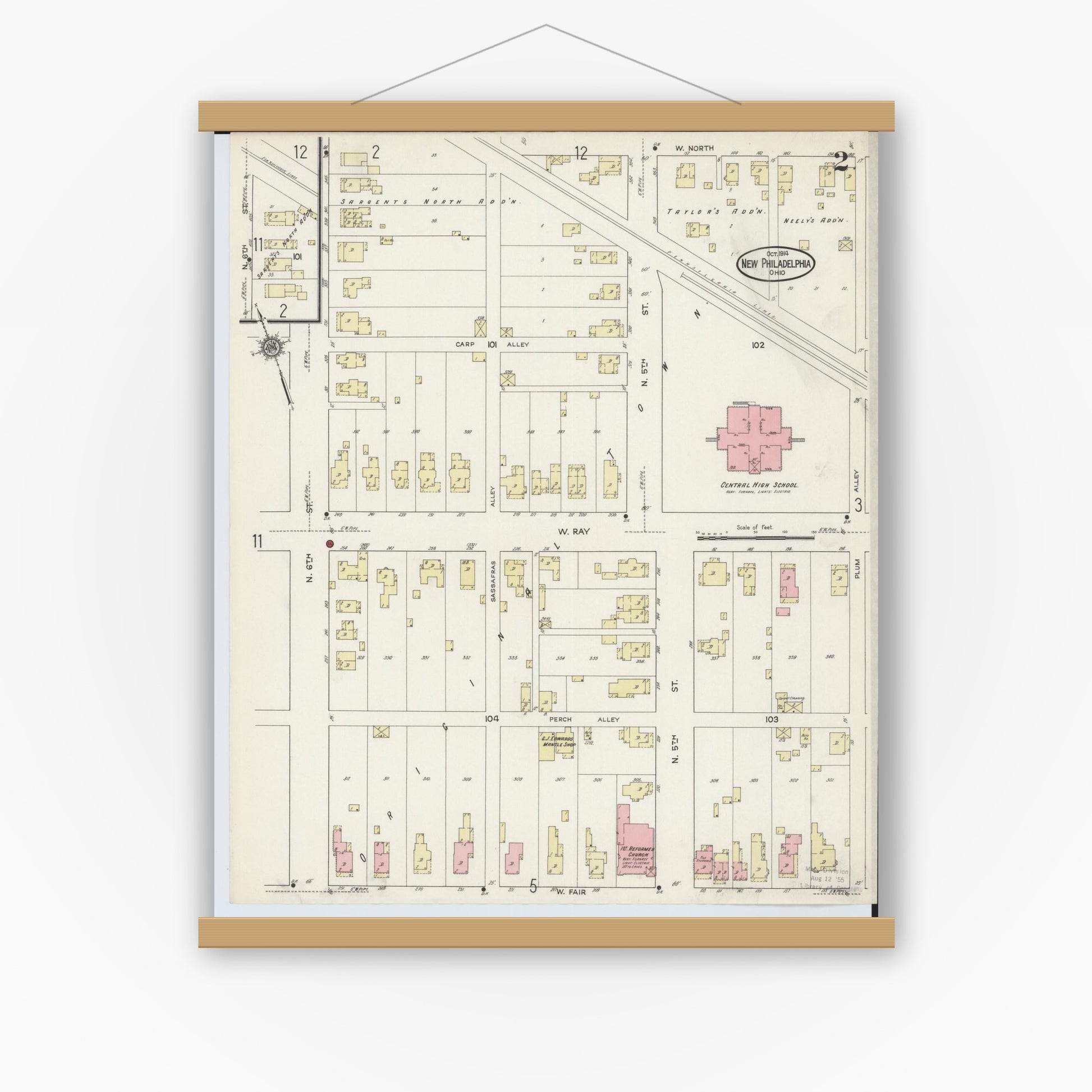 Old map wall art mockup — magnetic wood frame on white wall — Sanborn Fire Insurance Map from New Philadelphia, Tuscarawas County, Ohio (1914), Sheet #0002