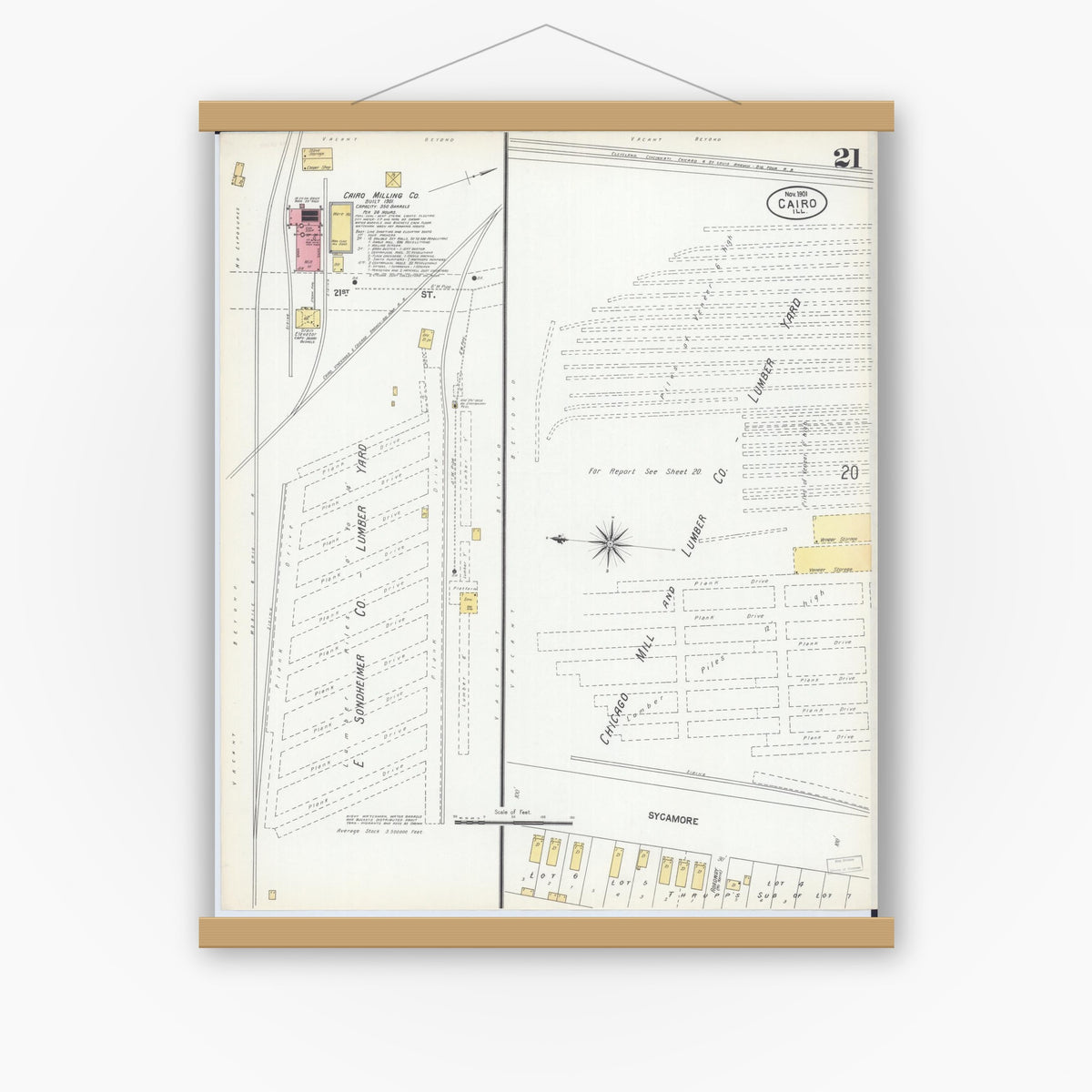 Old map wall art mockup — magnetic wood frame on white wall — Sanborn Fire Insurance Map from Cairo, Alexander County, Illinois (1901), Sheet #0021