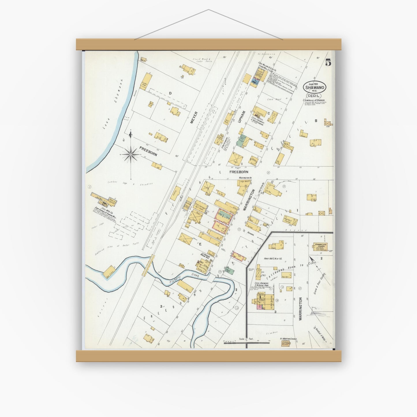 Old map wall art mockup — magnetic wood frame on white wall — Sanborn Fire Insurance Map from Shawano, Shawano County, Wisconsin (1901), Sheet #0005