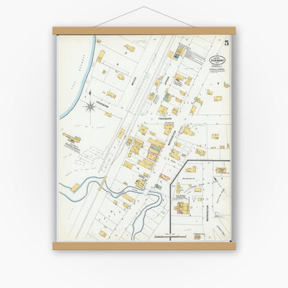 Old map wall art mockup — magnetic wood frame on white wall — Sanborn Fire Insurance Map from Shawano, Shawano County, Wisconsin (1901), Sheet #0005