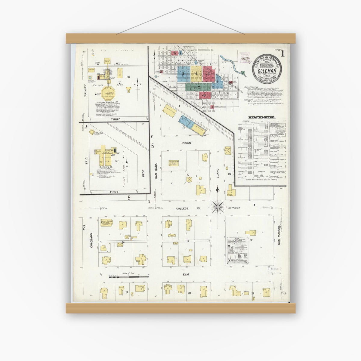 Old map wall art mockup — magnetic wood frame on white wall — Sanborn Fire Insurance Map from Coleman, Coleman County, Texas (1909), Sheet #0001