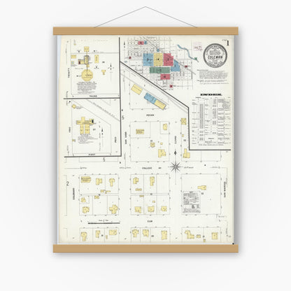 Old map wall art mockup — magnetic wood frame on white wall — Sanborn Fire Insurance Map from Coleman, Coleman County, Texas (1909), Sheet #0001