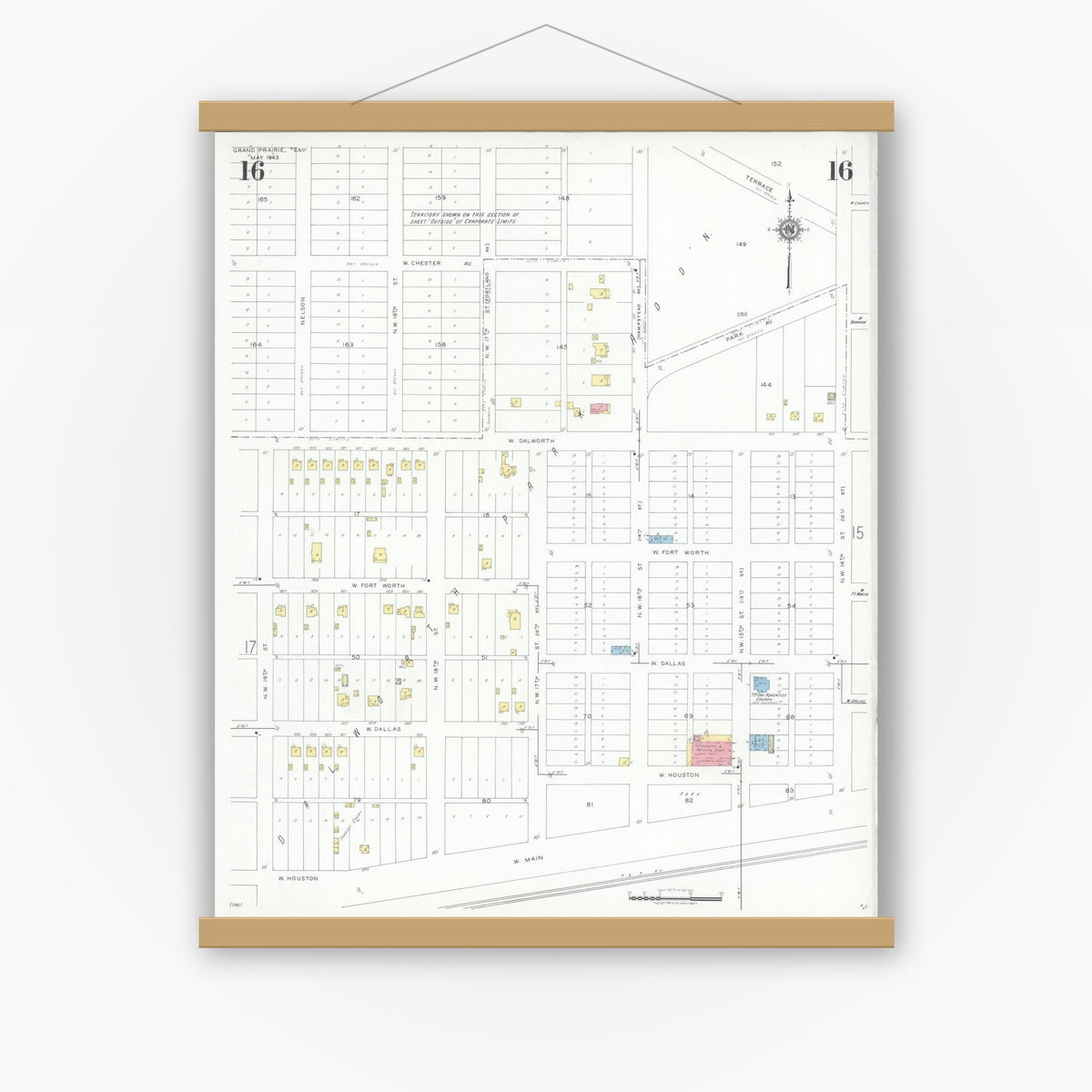 Old map wall art mockup — magnetic wood frame on white wall — Sanborn Fire Insurance Map from Grand Prairie, Dallas County, Texas (1943), Sheet #0016