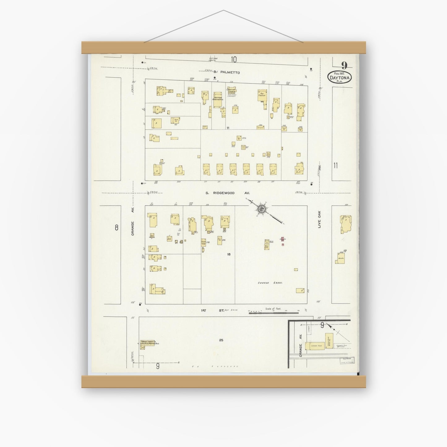 Old map wall art mockup — magnetic wood frame on white wall — Sanborn Fire Insurance Map from Daytona, Volusia County, Florida (1912), Sheet #0009