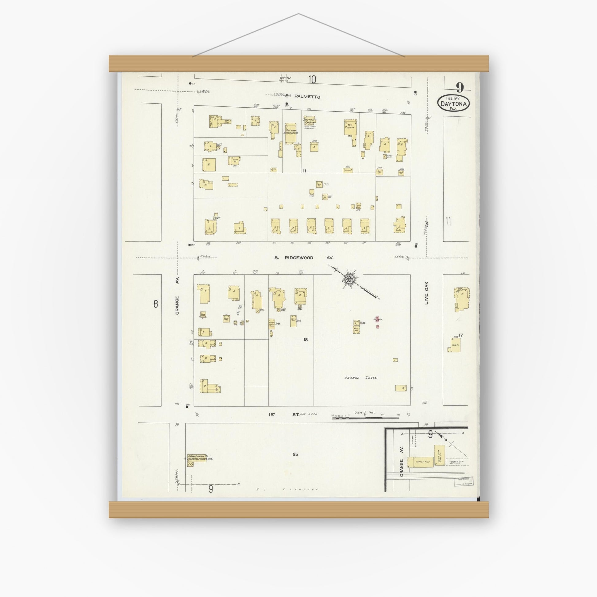 Old map wall art mockup — magnetic wood frame on white wall — Sanborn Fire Insurance Map from Daytona, Volusia County, Florida (1912), Sheet #0009