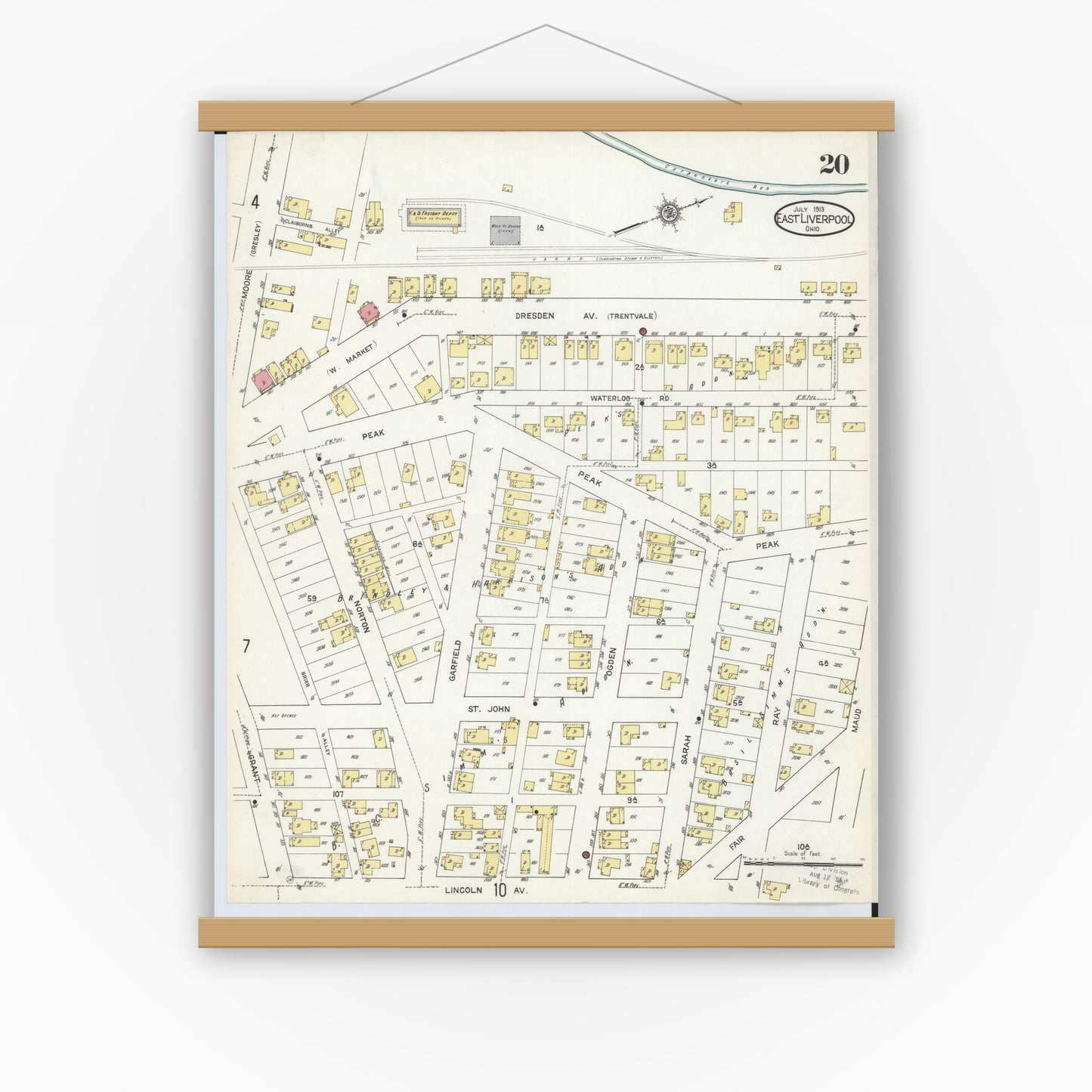 Old map wall art mockup — magnetic wood frame on white wall — Sanborn Fire Insurance Map from East Liverpool, Columbiana County, Ohio (1913), Sheet #0020