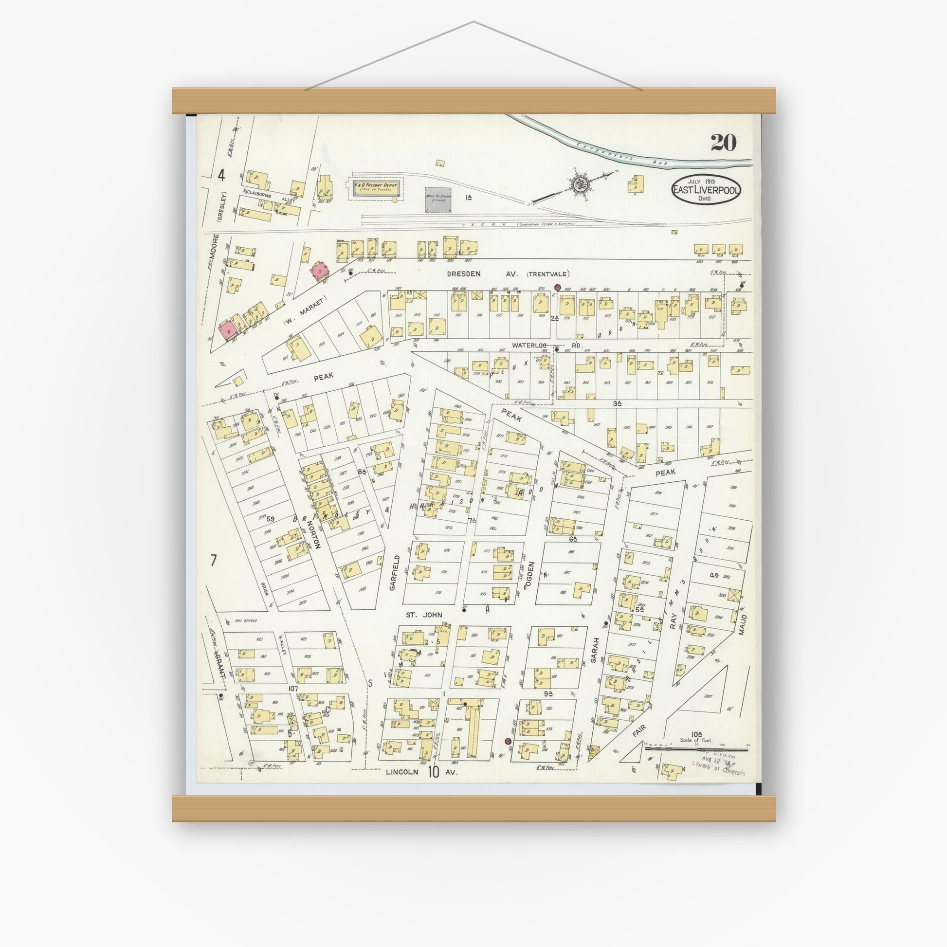 Old map wall art mockup — magnetic wood frame on white wall — Sanborn Fire Insurance Map from East Liverpool, Columbiana County, Ohio (1913), Sheet #0020