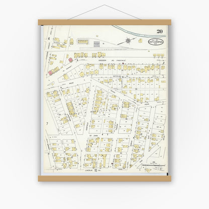 Old map wall art mockup — magnetic wood frame on white wall — Sanborn Fire Insurance Map from East Liverpool, Columbiana County, Ohio (1913), Sheet #0020