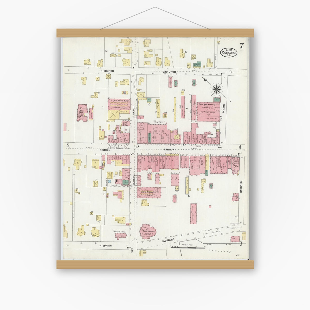 Old map wall art mockup — magnetic wood frame on white wall — Sanborn Fire Insurance Map from Concord, Cabarrus County, North Carolina (1906), Sheet #0007